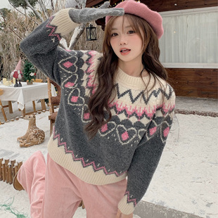 甜美爱心费尔岛宽松圆领套头毛衣829 小四粉丝专享