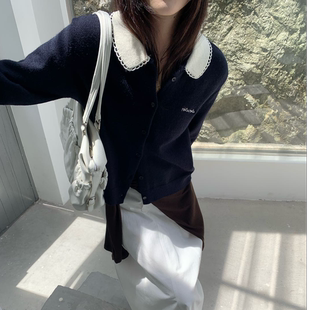 【小四粉丝专享】娃娃领拼接边花边开衫女秋冬百搭显瘦上衣