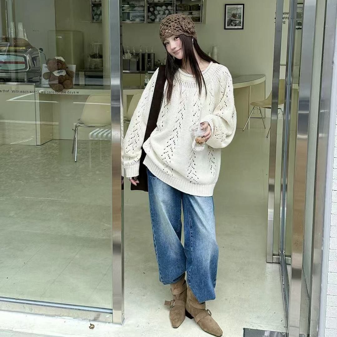 【春春Spring】2025年秋冬新款圆领卷面慵懒风镂空针织毛衣124
