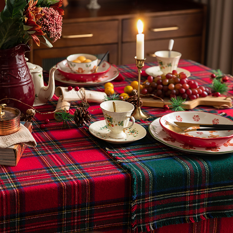 加厚毛呢圣诞节新年苏格兰红绿格子复古餐桌旗餐厅长方形桌布定制