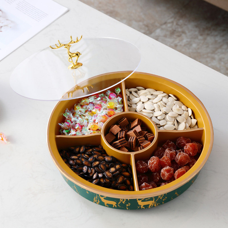 美式家用旋转干果盘分格带盖坚果盘水果盘客厅轻奢零食糖果收纳盒