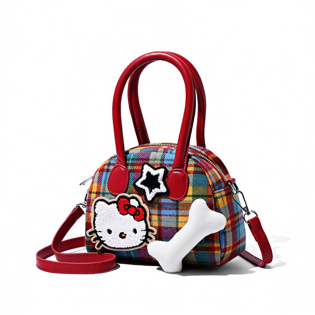 精致格子ins包包女可爱kt猫骨头时尚手提包高颜值通勤单肩零钱包