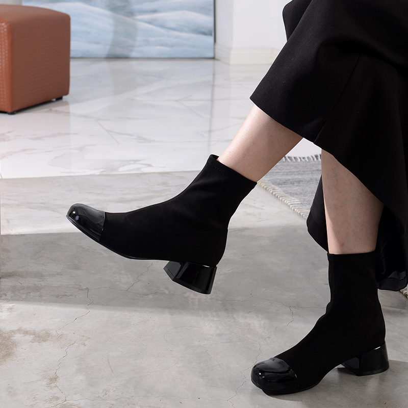 VIDIVICI圆头显瘦粗跟弹力袜靴