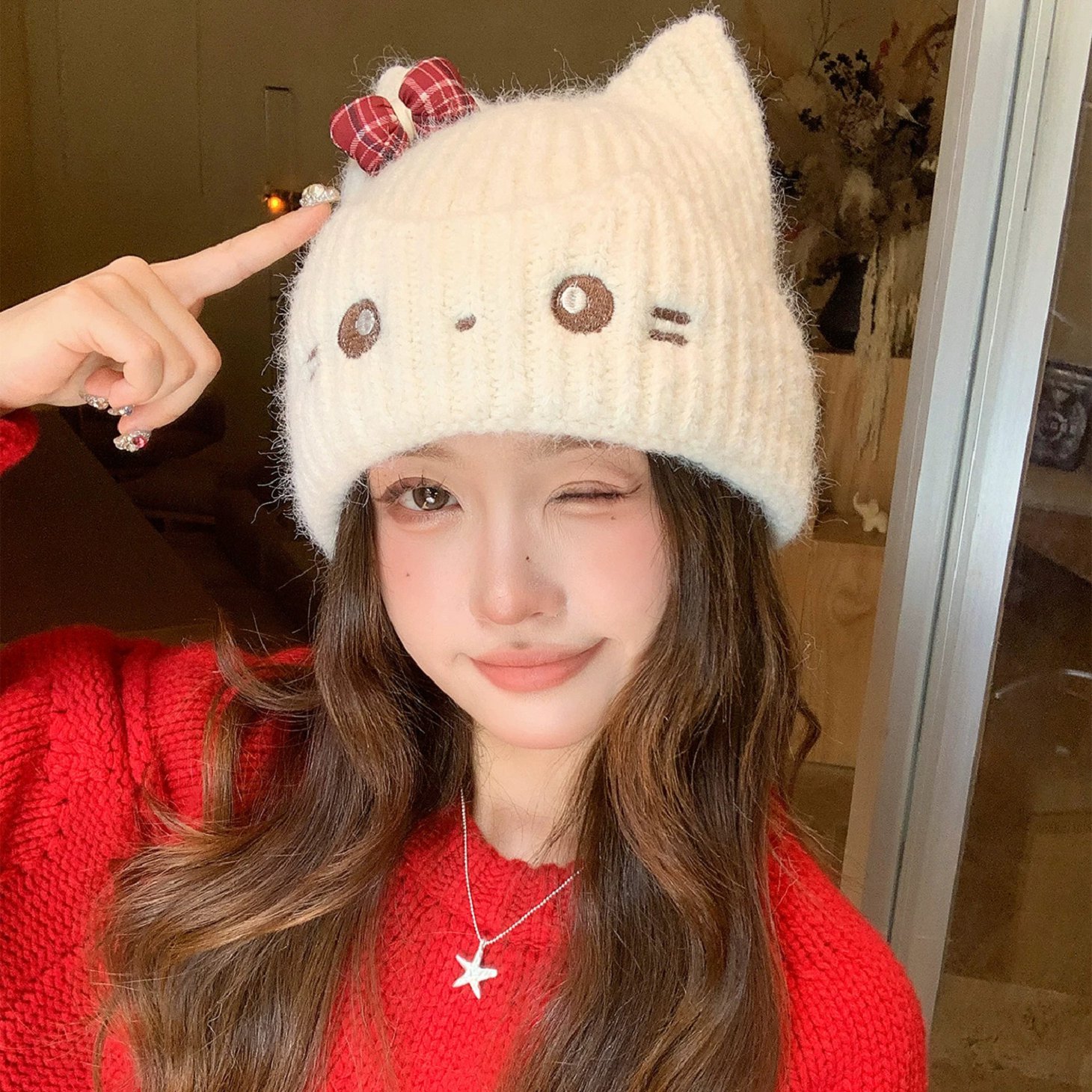 日系甜美猫耳蝴蝶结毛绒保暖帽