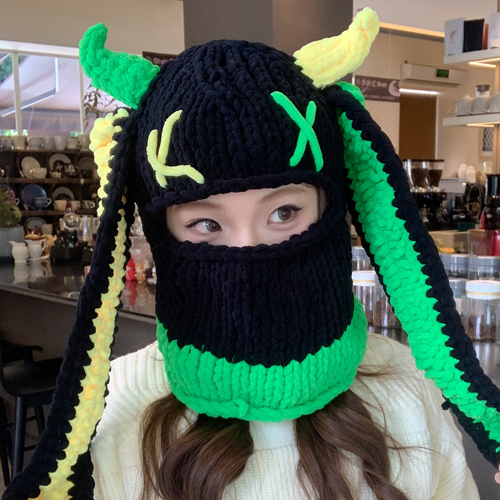 2025新款韩版搞怪恶魔角面罩卡通动物头套秋冬保暖针织毛线帽子