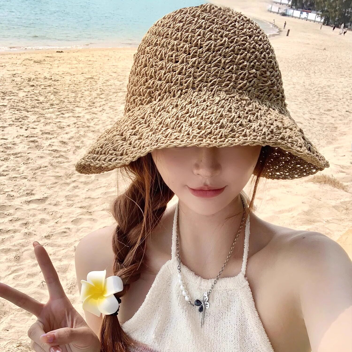 大檐后开叉防晒草帽女手工编织