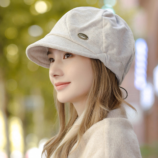 2025新款日系简约毛呢八角鸭舌帽女秋冬百搭显脸小金属标复古帽