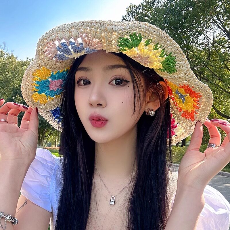 新款撞色花朵草编帽子女夏季