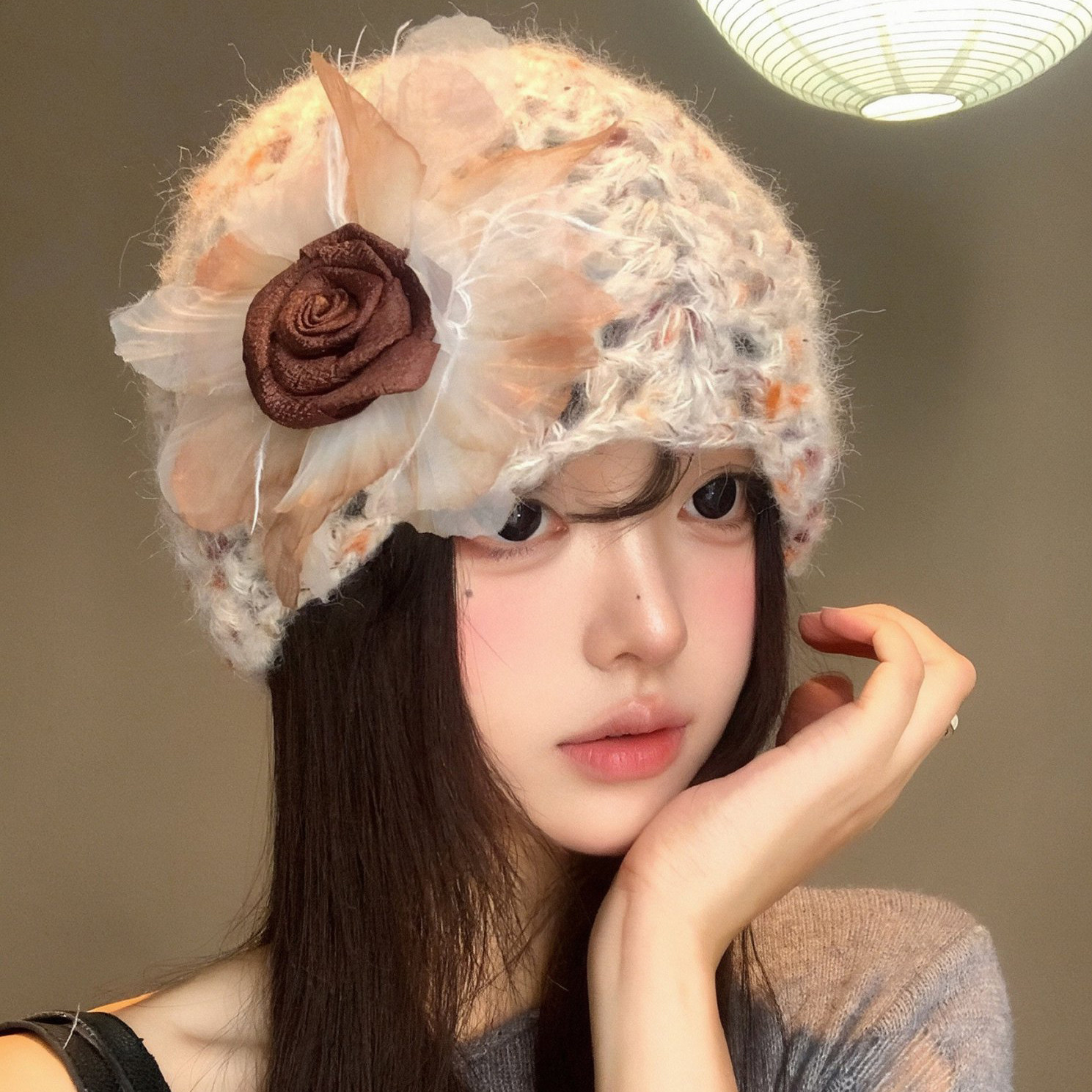 立体花朵镂空针织帽女秋冬显脸小