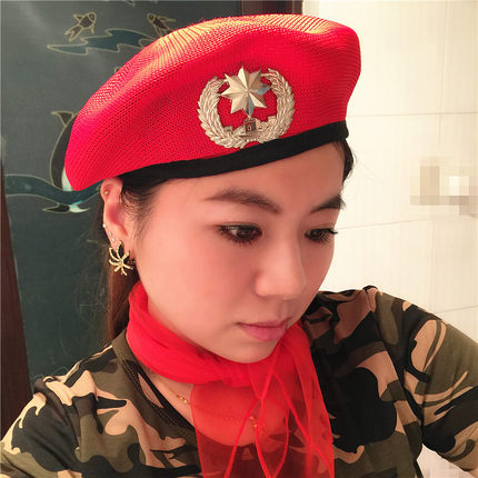 儿童帽2025年男女广场舞帽子水兵舞贝雷帽女徽章网眼保安帽子女秋