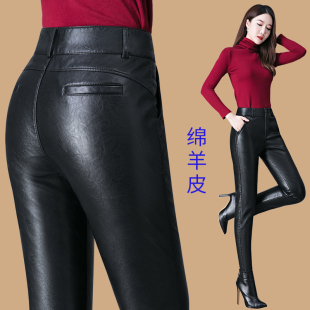 海宁真皮皮裤女秋冬新款绵羊皮高腰加绒加厚小脚裤外穿铅笔裤长裤