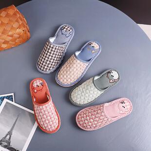 新款纯棉秋冬男女包脚趾布艺软布底加厚三层家居室内拖鞋无声静音