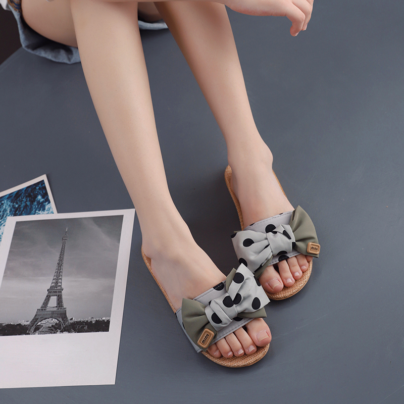 防出汗软底波点亚麻蝴蝶结凉拖鞋