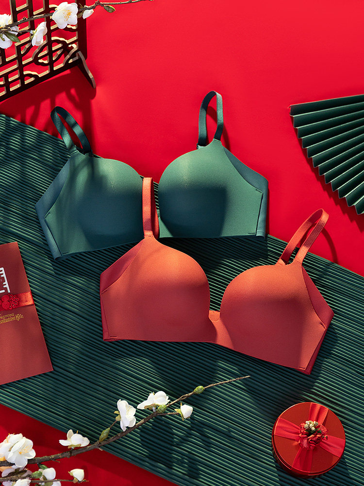 趣安芬文胸罩红色内衣女小胸聚拢无痕光面大胸显小无钢圈结婚新娘