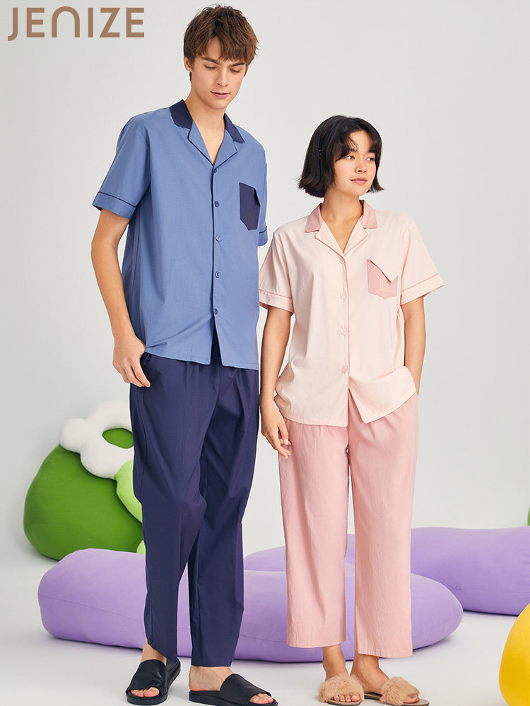 简诗正品春夏新款女梭织棉粘国民领短袖九分裤男简约情侣家居服