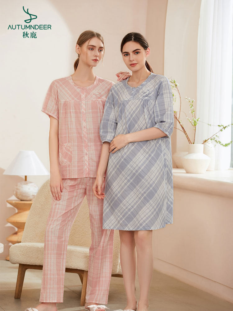 秋鹿专柜正品春夏新款梭织圆领纯棉睡衣格子短袖长裤女简约家居服