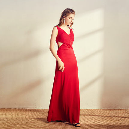 2023女装夏季大红色大摆性感镂空气质到脚踝超长款超仙连衣裙长裙