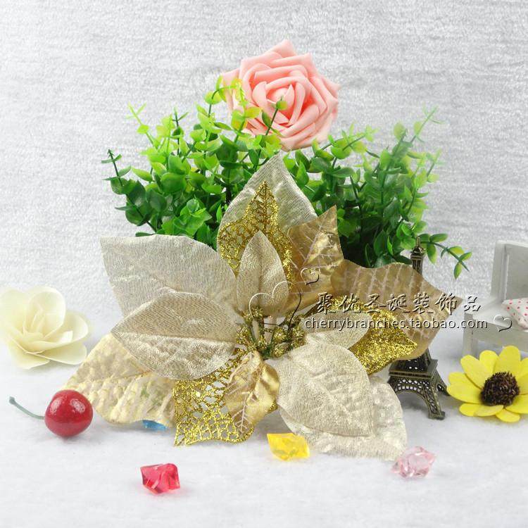 高档圣诞花仿真花朵 20cm金粉红色装饰品 圣诞树装饰配件圣诞金花