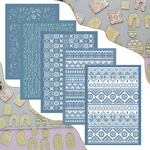 可重复使用软陶耳环饰品转印布模具丝网印刷模板花草毛线纹理图案