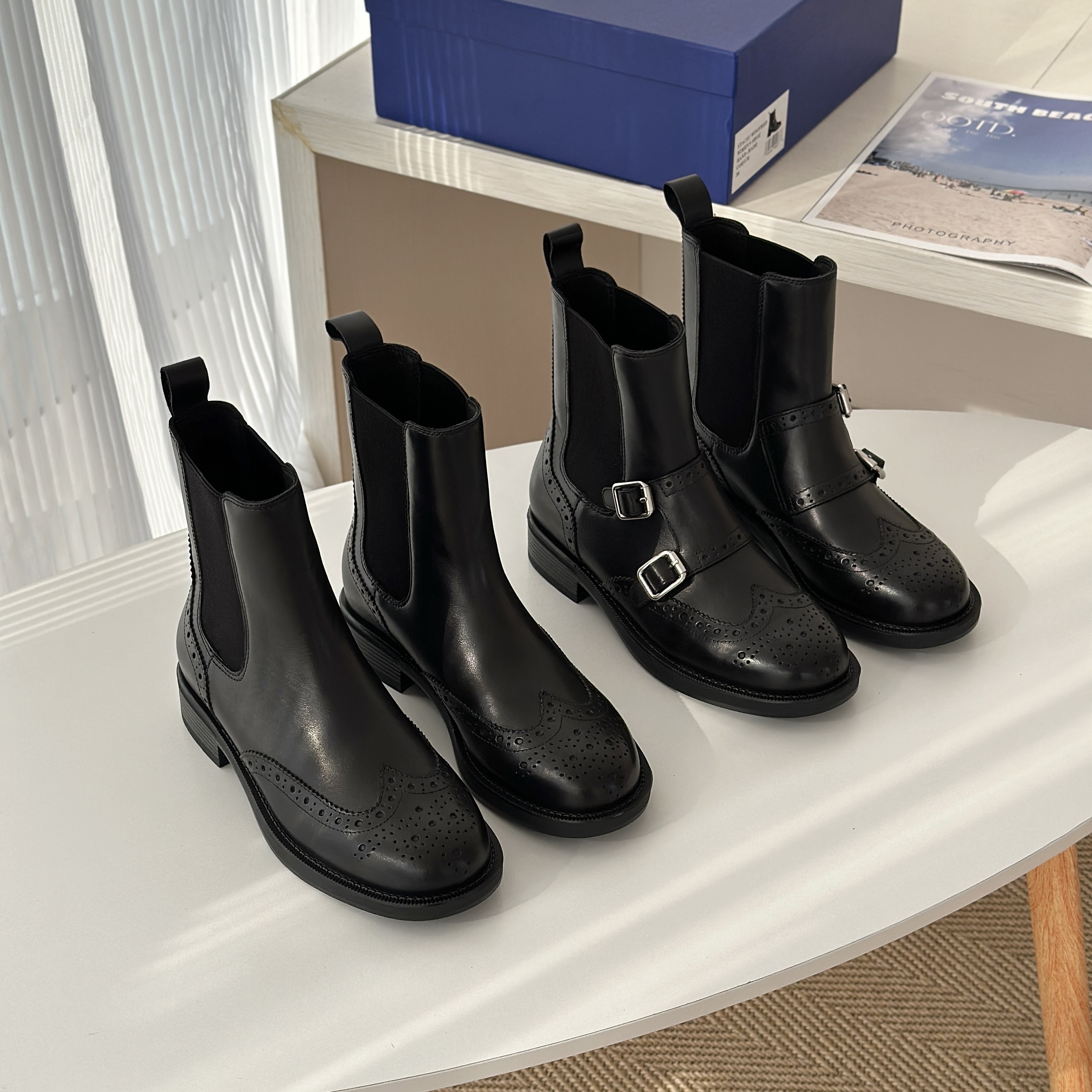 新款圆头真皮鞋牛皮切尔西短靴英伦风复古机车靴女靴子低跟马丁靴