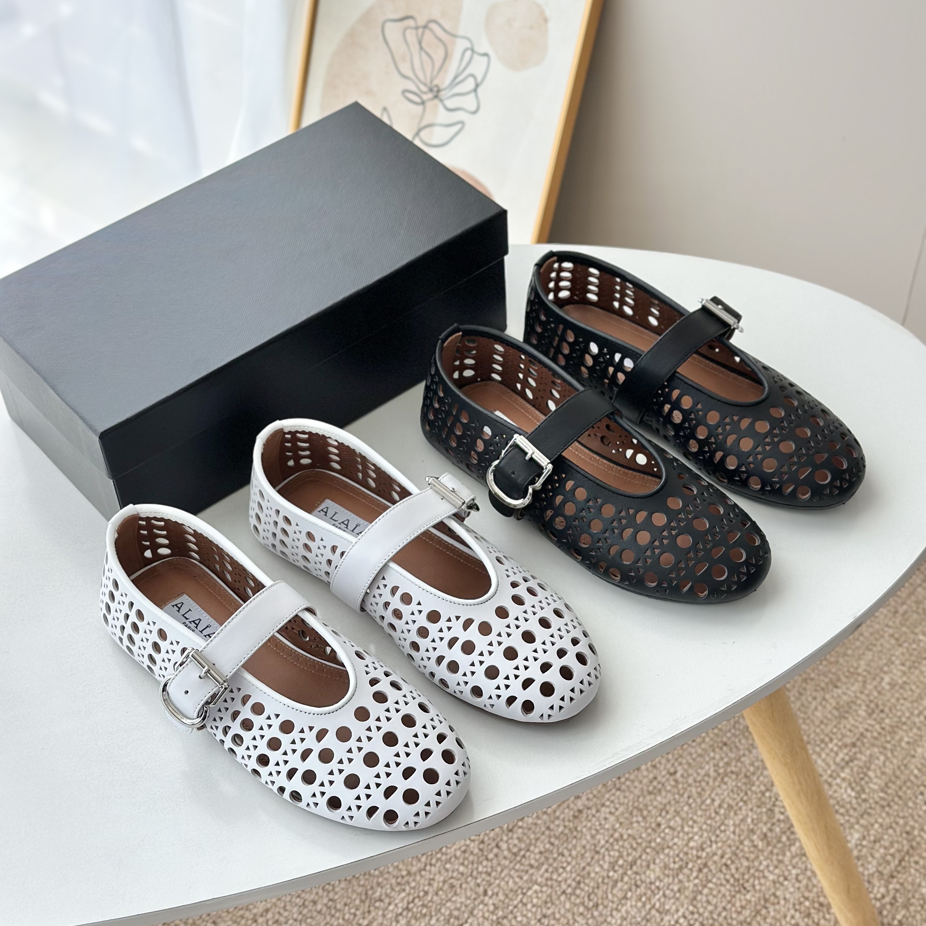 ALA法式镂空芭蕾舞鞋真皮低跟浅口玛丽珍鞋女单鞋内增高牛皮女鞋
