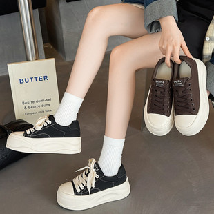 秋季厚底增高小个子时尚舒适真皮帆布鞋女2025新款板鞋女款休闲鞋