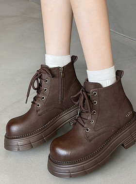 高帮真皮厚底马丁靴女秋2025新款爆款英伦风增高短靴复古百搭单靴