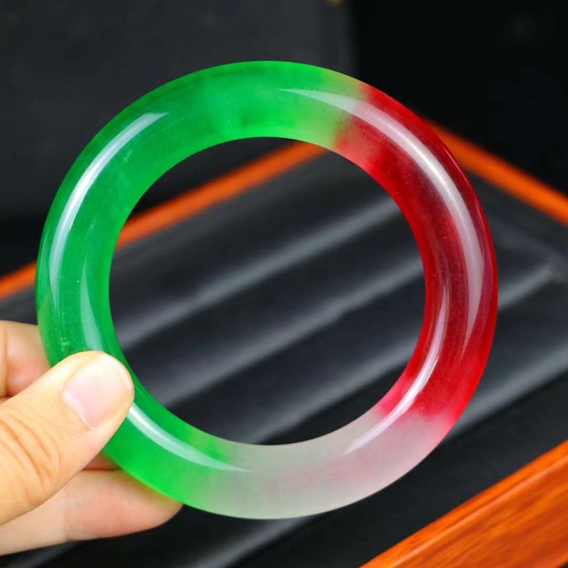 珠宝玉石冰种翡翠玉手镯双彩帝王红春彩粗圆条手镯玉镯福镯委料