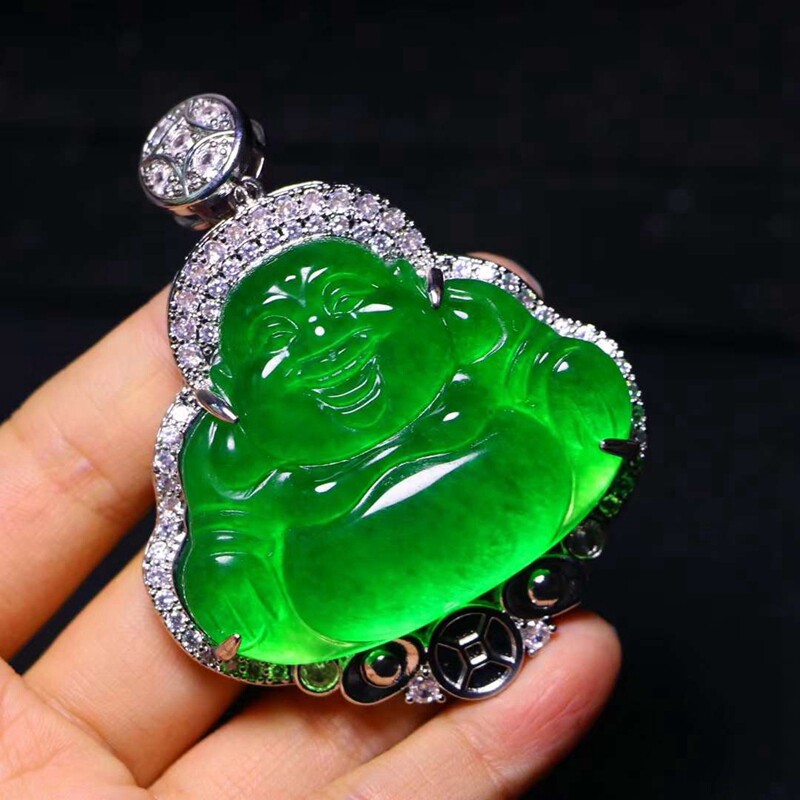 玻璃种满绿辣绿阳绿帝王绿精工镶嵌平安弥勒佛吊坠玉坠挂件大肚佛