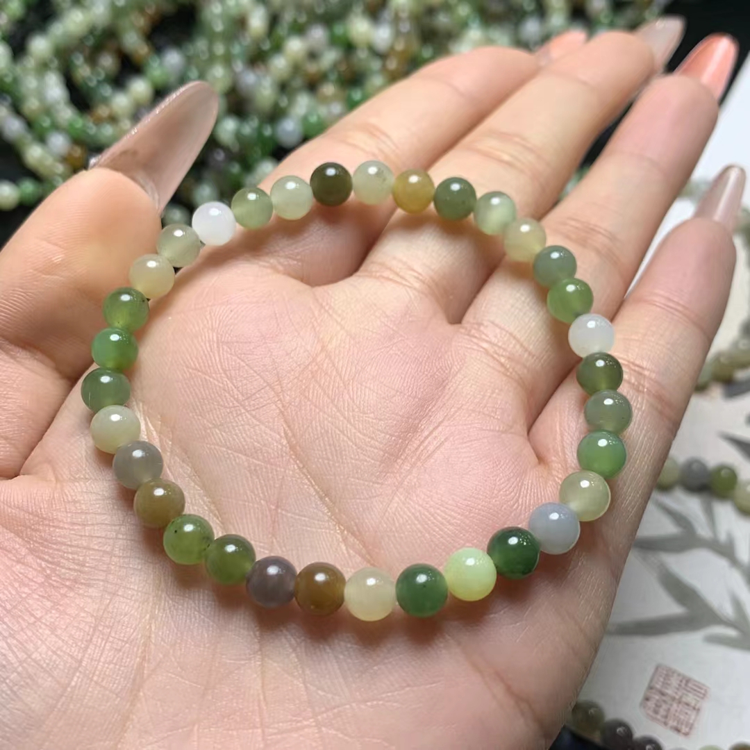 天然珠宝玉石新疆和田玉多宝多彩手链手串圆珠子串女款式手环限量
