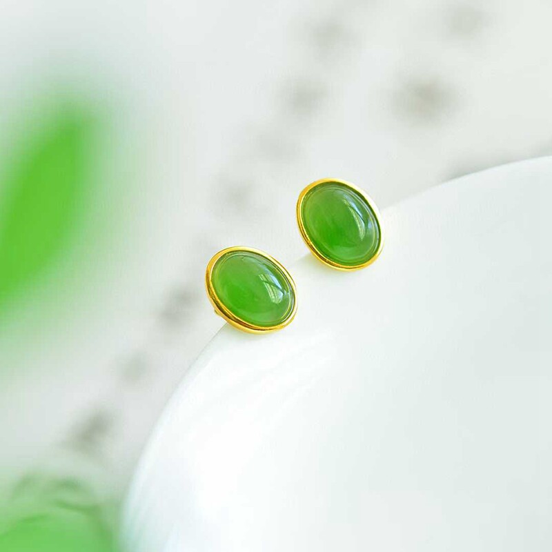 天然珠宝玉石玉器新疆和田玉碧玉阳绿辣绿925镶嵌耳钉耳环耳针坠