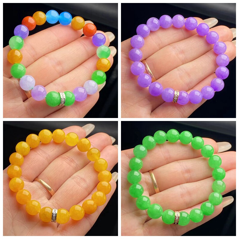 冰糯种艳紫黄翡翠手串圆珠缅甸阳绿春彩多款紫罗兰珠链手链男女款