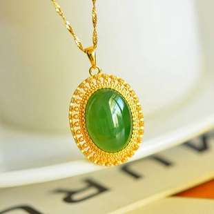 天然珠宝玉石新疆和田玉碧玉阳绿辣绿925镶嵌蛋面吊坠玉坠子玉器