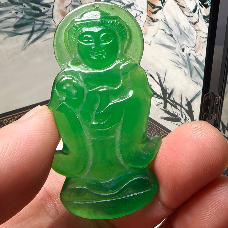 珠宝玉石冰透水润满绿翡翠玉站莲花观音玉坠色正光滑细腻挂件吊坠