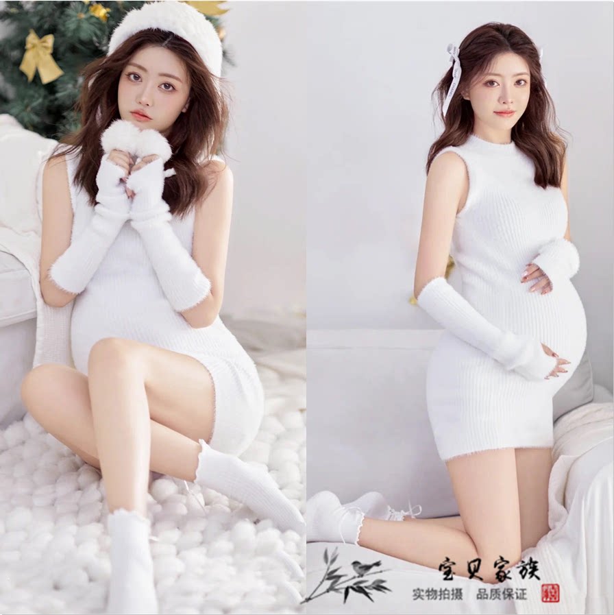 新款孕妇照摄影写真服装影楼唯美修身孕妇装孕妈白色针织拍照衣服