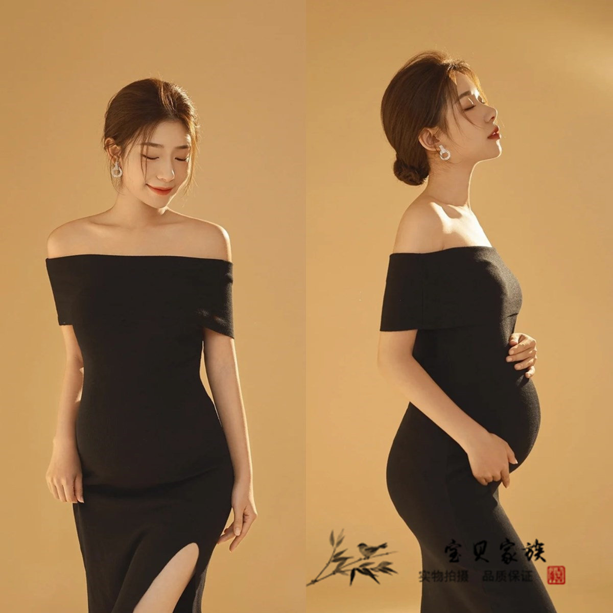 影楼孕妇照服装黑色针织超显瘦露肩艺术照影楼拍照摄影开叉连衣裙