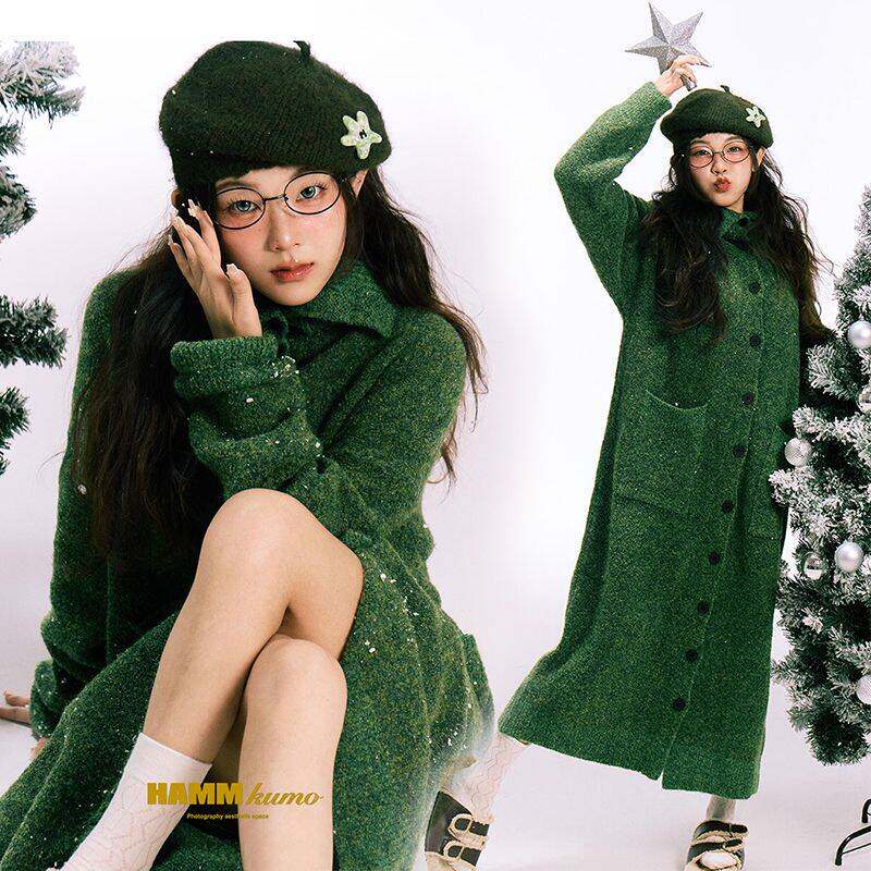 影楼新款圣诞甜美绿色大衣服装