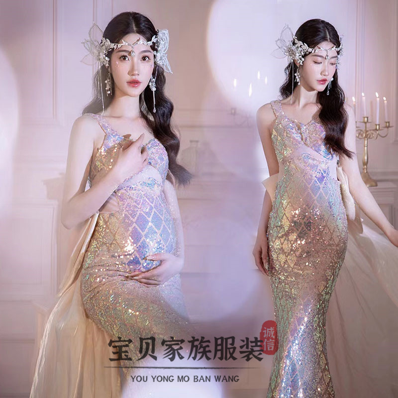 孕妇拍照服装影楼主题轻奢亮闪人鱼姬高级感晚礼服大肚妈咪摄影衣