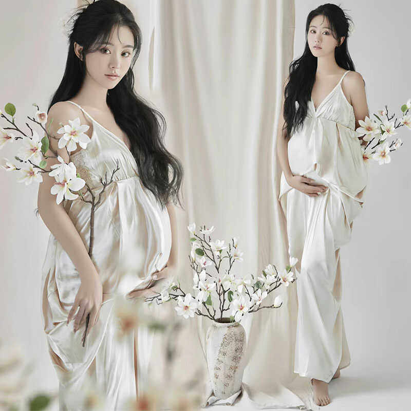 影楼孕妇新款法式白色气质中长裙流光纱收腰显瘦吊带连衣裙服装