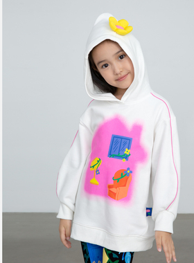pocoblush原创设计莫里斯的家上衣女童秋冬白色新款印花连帽卫衣