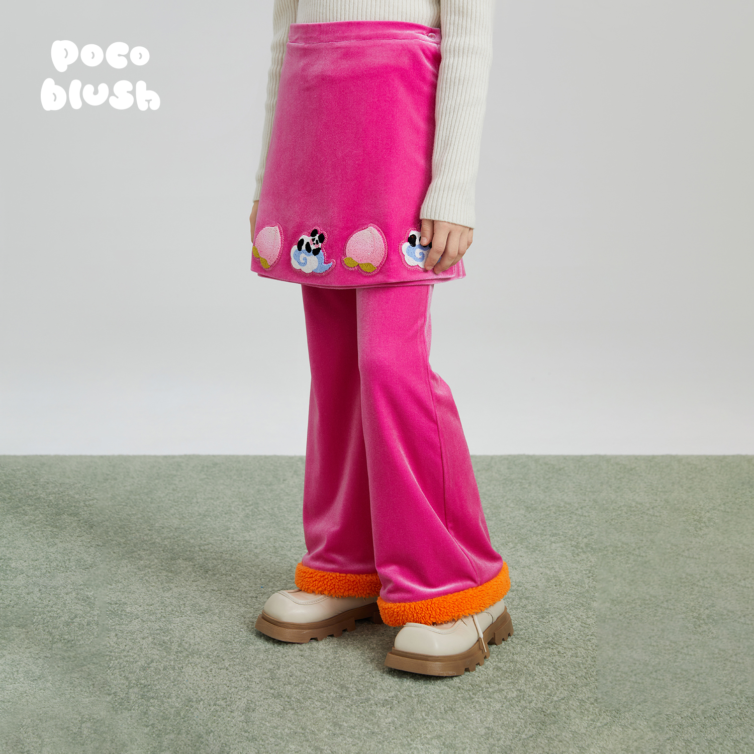 pocoblush桃绒丝丝刺绣裹裙长裤
