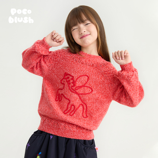 绞花毛衣女童秋冬装 灯笼袖 宽松针织上衣 红色小飞马 pocoblush