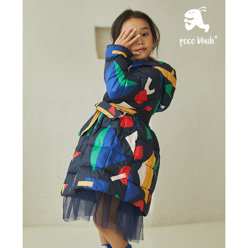 pocoblush原创设计孟菲斯系列冬女童保暖中长款白鸭绒过膝羽绒服