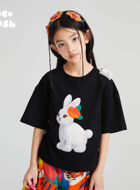 pocoblush原创设计兔子与茶花刺绣T恤黑色印花女童休闲短袖天然棉
