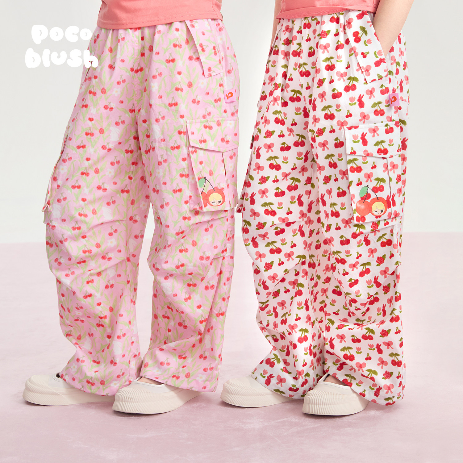 pocoblush【樱桃花海】降落伞工装裤子女童夏款甜美印花纯棉长裤