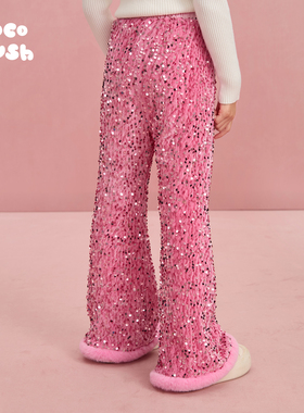 pocoblush【星光闪闪】亮片丝绒新年喇叭裤红色女童冬季加绒裤子