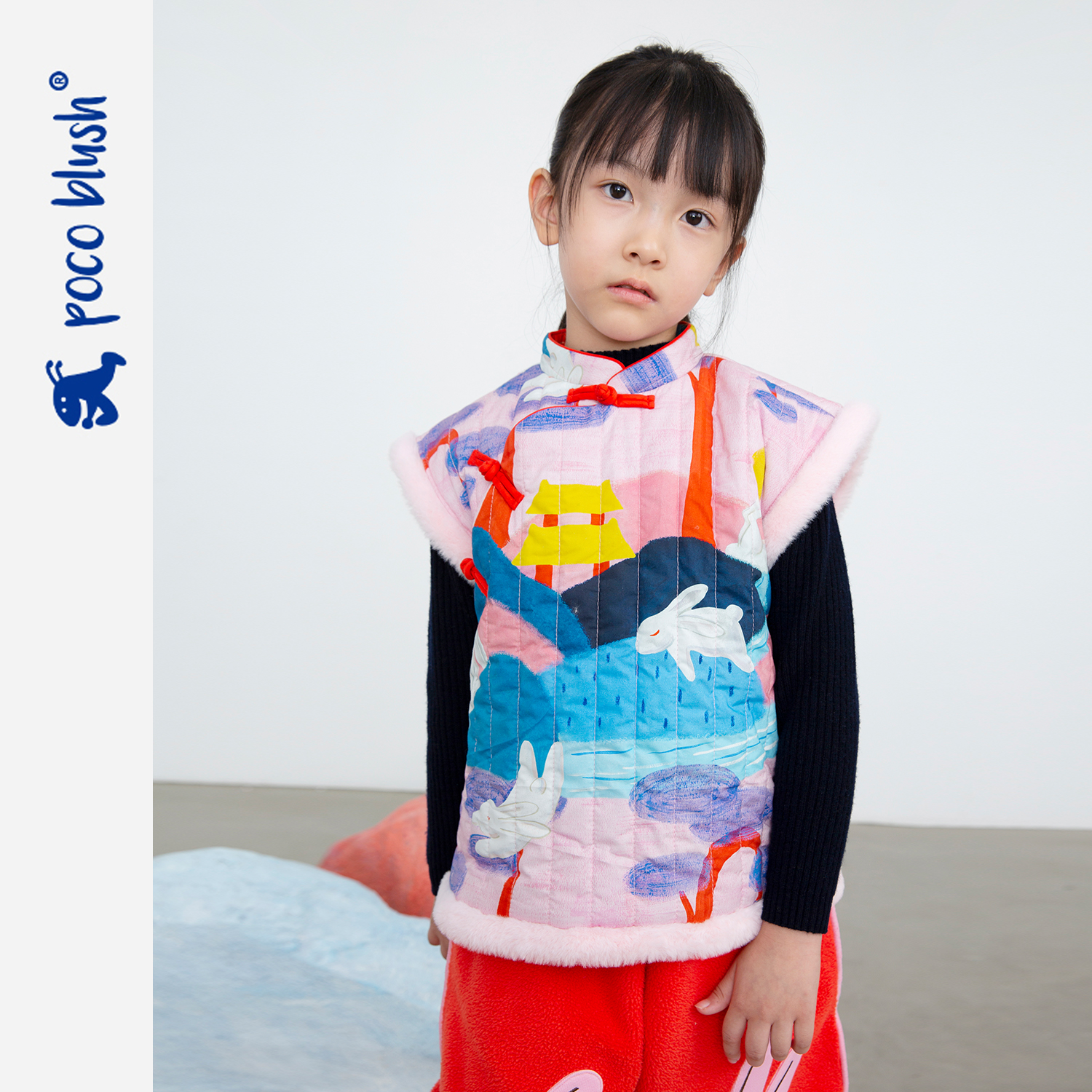 pocoblush玉兔游江山图绗棉马甲