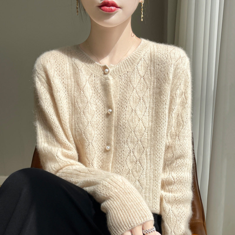 清河县特舒羊绒制品有限公司镂空长袖开衫提花100羊毛衫针织外套