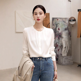 上海恩迪服饰高级感缎面圆领桑蚕丝衬衫女2026年秋季新款褶皱真丝