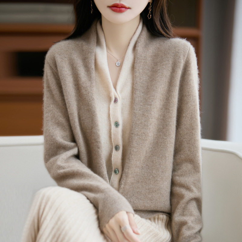 东莞大朗毛衣针织衫清河100纯羊毛衫女开衫秋冬气质v领假两件女装